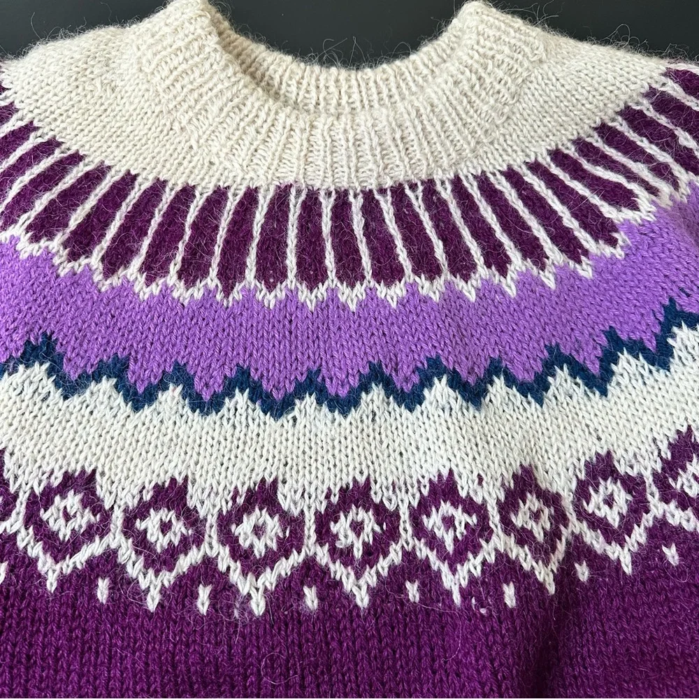 Purple and Cream Hand knitted Wool Women's Sweater - Picture 3 of 8